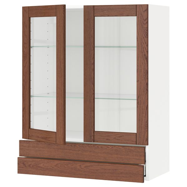 Навесной шкаф, 2 стеклянные дверцы, 2 ящика МЕТОД / МАКСИМЕРА, белый, Филипстад коричневый - схема-чертеж с размерами