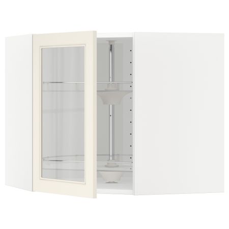 Угловой навесной шкаф с вращающающейся секцией, стеклянными дверцами МЕТОД, белый, Хитарп белый с оттенком