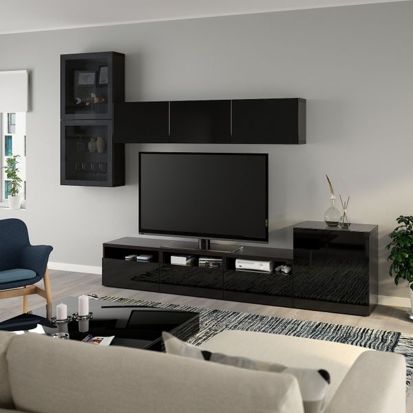 Шкаф для ТВ, комбинированный, стекляные дверцы, черно-коричневый/Сельсвикен глянцевый, черный дымчатое стекло 300x42x211 см IKEA - фото 6