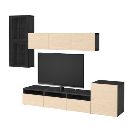 Шкаф для ТВ, комбинированный, стекляные дверцы БЕСТО, черно-коричневый Синдвик, Инвикен ясеневый шпон (300x20/40x211 см)