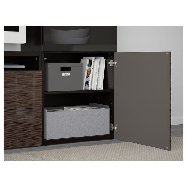 Шкаф для ТВ, комбинированный, стекляные дверцы БЕСТО, черно-коричневый, Сельсвикен глянцевый/коричневый дымчат стекло - фото 3