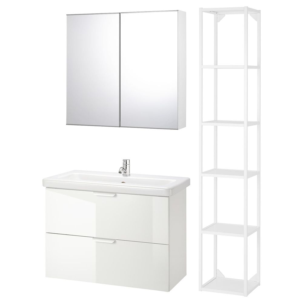 Комплект мебели для ванной,7 предм., глянцевый белый/ПИЛКОН смеситель 84x43x65 см IKEA FISKÅN ФИСКОН / TVÄLLEN ТВЭЛЛЕН - фото 1
