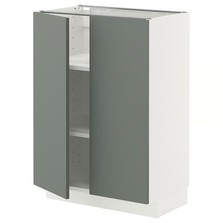 METOD Напольный шкаф с полками/2дверцами - белый/Nickebo матовый серо-зеленый 60x37 см