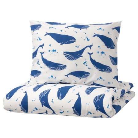 Пододеяльник и наволочка, кит синий-белый, 150x200, 50x60 см IKEA BLÅVINGAD 205.211.03