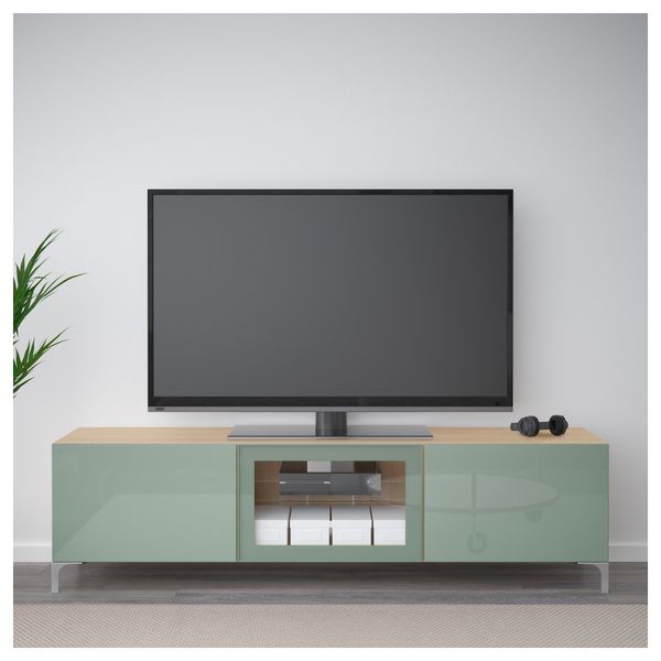 Тумба под ТВ с ящиками и дверцей БЕСТО, под беленый дуб Сельсвикен, глянцевый/серо-зеленый светлый прозрачное стекло (180x40x48 - фото 2