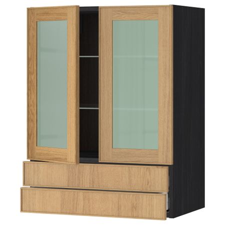 Навесной шкаф, 2 стеклянные дверцы, 2 ящика МЕТОД / МАКСИМЕРА, черный, Экестад дуб