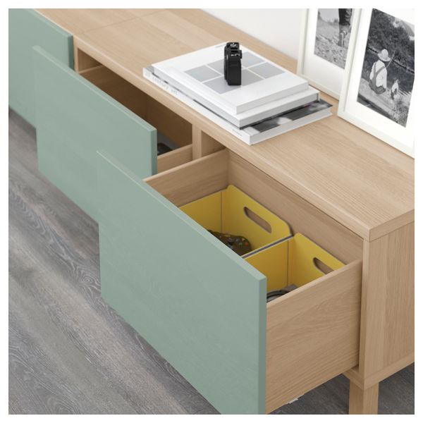 Комбинация для хранения с ящиками БЕСТО, под беленый дуб, Сельсвикен глянцевый/серо-зеленый светлый (180x40x48 см) - схема-чертеж с размерами