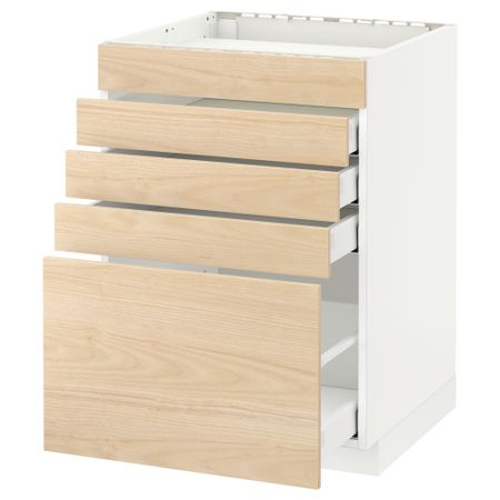 Напольный шкаф для варочной панели, 5 фасадов, 4 ящиков, 60x60 см, белый, Askersund под светлый ясень IKEA METOD МЕТОД, MAXIMERA