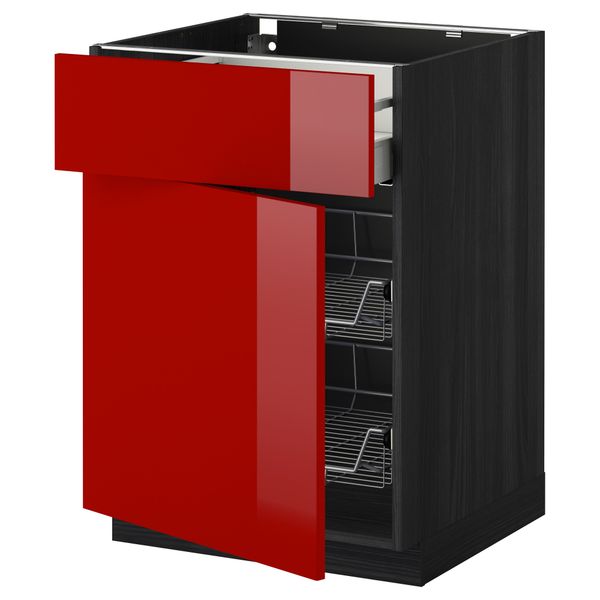 Напольный шкаф с проволочной корзиной, ящиком, дверью МЕТОД / МАКСИМЕРА, черный, Рингульт красный - схема-чертеж с размерами