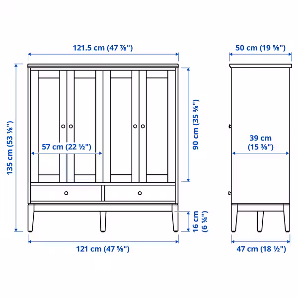 IDANÄS Шкаф со складными стеклян дверцами - белый 121x50x135 см - схема-чертеж с размерами