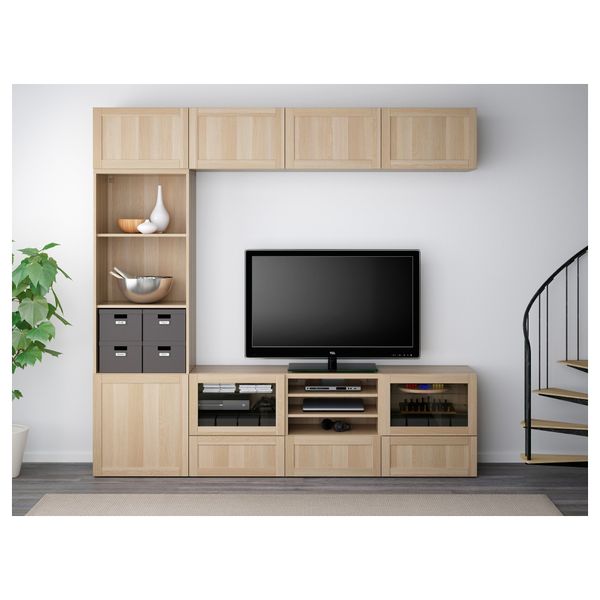 Шкаф для ТВ, комбинированный, стекляные дверцы БЕСТО, Ханвикен, Синдвик под беленый дуб, прозрачное стелко (240x40x230 см) - фото 2