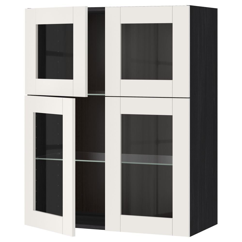 Навесной шкаф с полками, 4 стекло дверцы МЕТОД, черный, Сэведаль белый (80x100 см) - схема-чертеж с размерами