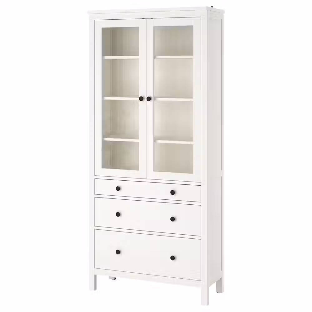 HEMNES Шкаф-витрина с 3 ящиками - белая морилка 90x197 см - фото 1