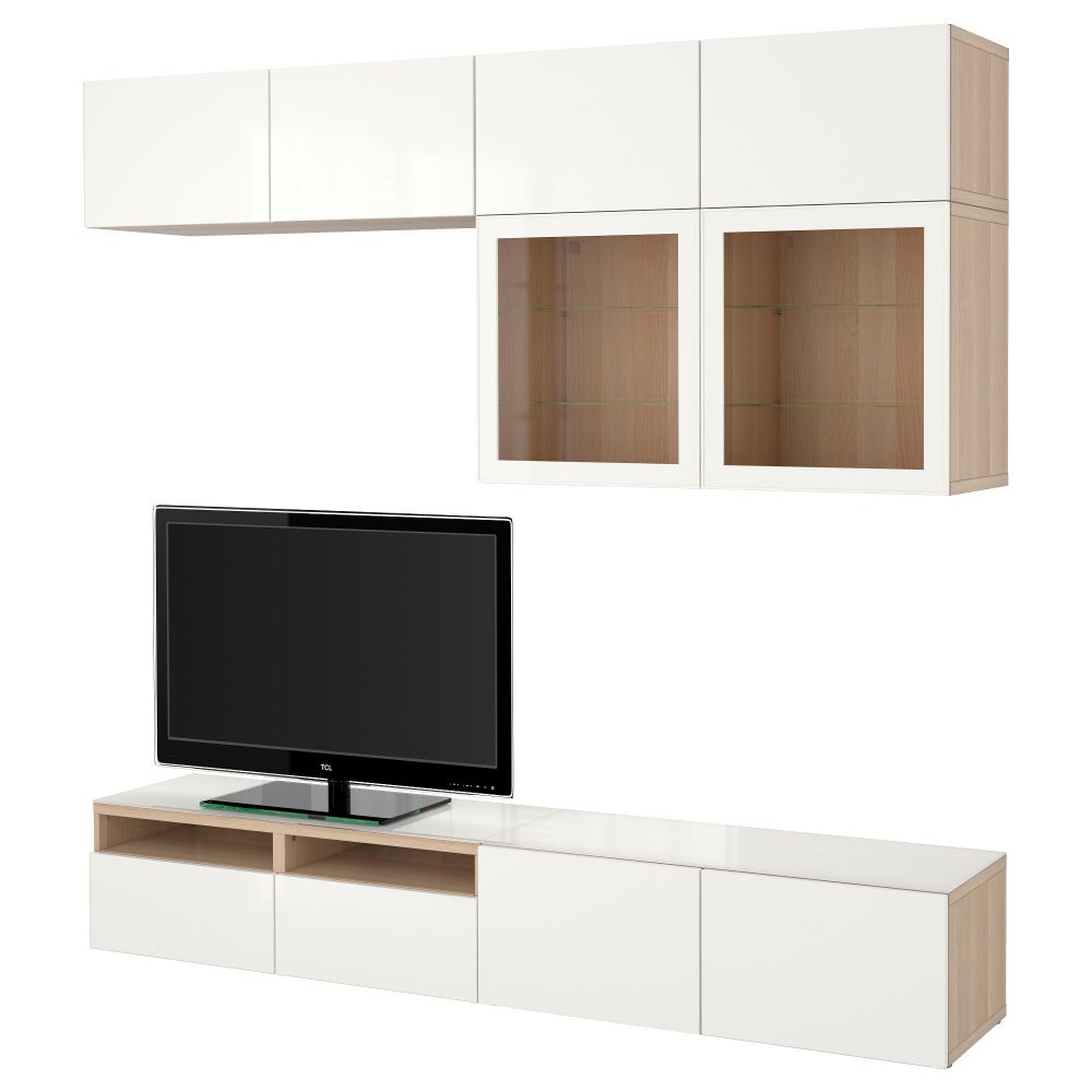 Шкаф для ТВ, комбинированный, стекляные дверцы БЕСТО, под беленый дуб, Сельсвикен глянцевый/белый прозрачное стекло (240x40x230 - фото 1