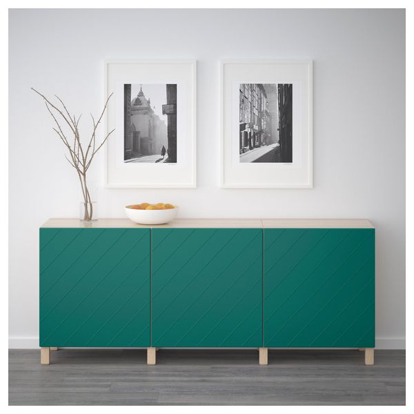 Комбинация для хранения с дверцами БЕСТО, под беленый дуб, Халлставик сине-зеленый (180x40x74 см) - фото 2