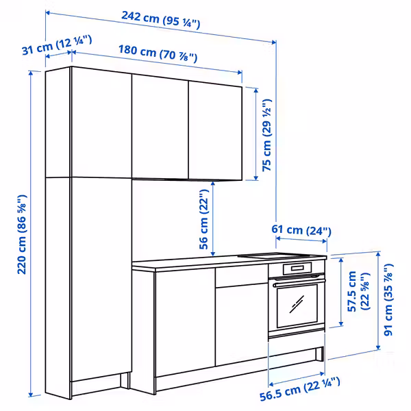 KNOXHULT Кухня - белый каркас 240x61x220 см - схема-чертеж с размерами
