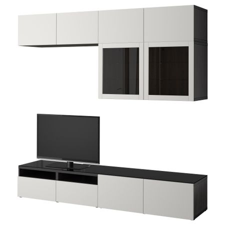 Шкаф для ТВ, комбинированный, стекляные дверцы БЕСТО, черно-коричневый Лаппвикен, Синдвик светло-серый прозрачное стекло