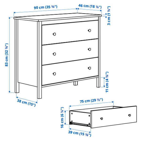KOPPANG Комод с 3 ящиками - белый 90x46x83 см - схема-чертеж с размерами