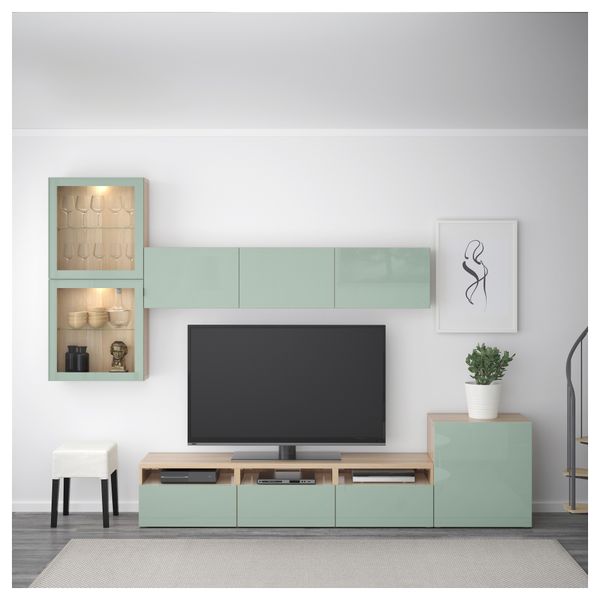 Шкаф для ТВ, комбинированный, стекляные дверцы БЕСТО, под беленый дуб Сельсвикен, глянцевый/серо-зеленый светлый прозрачное - фото 2