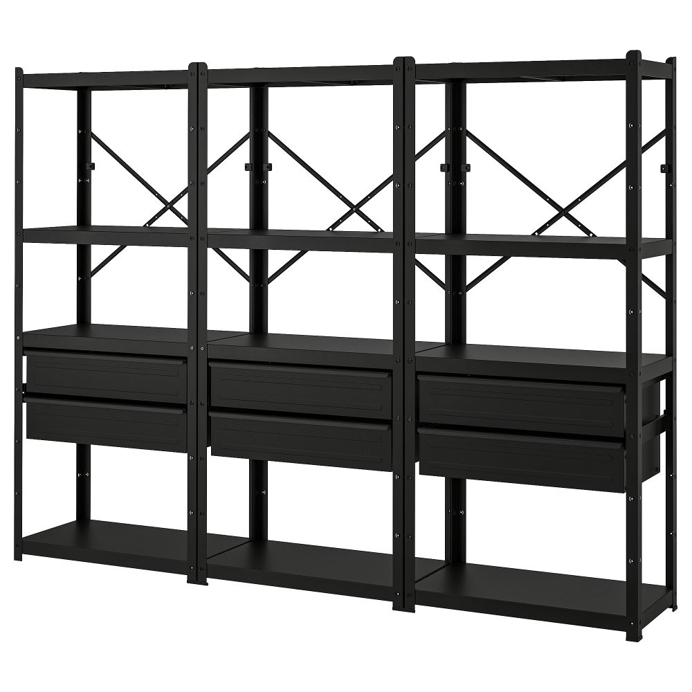 Стеллаж с ящиками, полками, черный, 254x40x190 см IKEA BRORINGE БРУР-ИНГЕ 794.369.09 - фото 1
