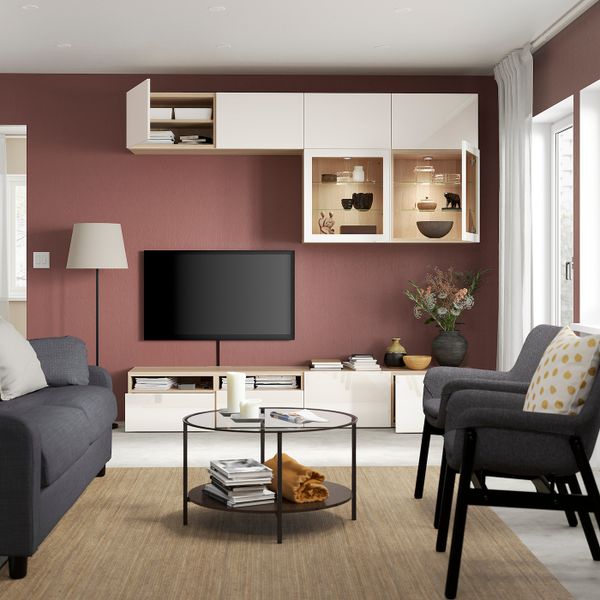 Шкаф для ТВ, комбинированный, стекляные дверцы, под беленый дуб/Сельсвикен глянцевый, белый прозрачное стекло 240x42x231 см IKEA - фото 2