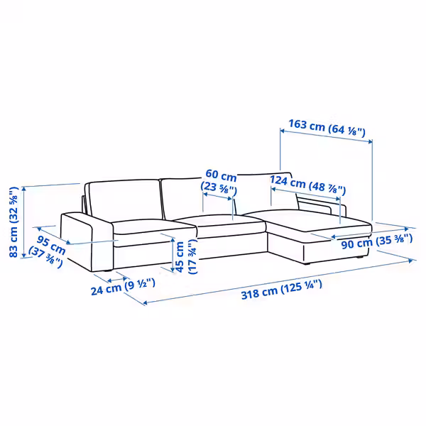 KIVIK 4-местный диван с козеткой - Tibbleby бежевый/серый - схема-чертеж с размерами