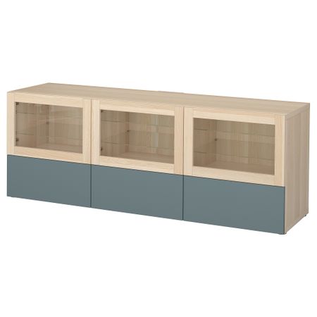 Тумба под ТВ, с дверцами и ящиками БЕСТО, под беленый дуб, Вальвикен серо-бирюзовый, прозрачное стекло (180x40x64 см)