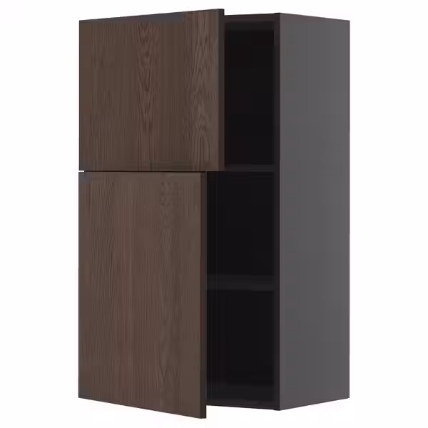 METOD Навесной шкаф с полками/2дверцы - черно-серый/Sinarp коричневый 60x100 см - фото 1