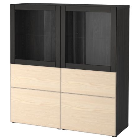 Комбинация для хранения со стеклянными дверцами БЕСТО, черно-коричневый, Инвикен ясеневый шпон (120x40x128 см)