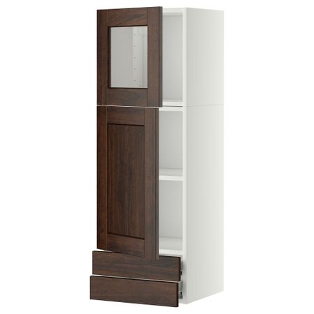 Навесной шкаф, дверцы, стеклянные дверцы, 2 ящика МЕТОД / ФОРВАРА, белый, Эдсерум коричневый (40x120 см)