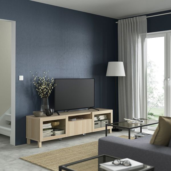 Тумба под ТВ, под беленый дуб/Лаппвик/стуббарп под беленый дуб, прозрачное стелко 180x42x48 см IKEA BESTÅ БЕСТО 793.292.59 - фото 3