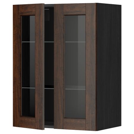 Навесной шкаф с полками, 2 стекло дв, черный/Эдсерум коричневый 60x80 см IKEA МЕТОД 592.264.22