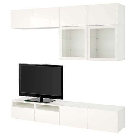 Шкаф для ТВ, комбинированный, стекляные дверцы БЕСТО, белый, Сельсвикен глянцевый/белый прозрачное стекло (240x40x230 см)