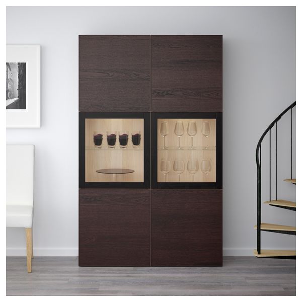 Комбинация для хранения со стеклянными дверцами БЕСТО, под беленый дуб, Инвикен черно-коричневый прозрачное стекло (120x40x192 - фото 2