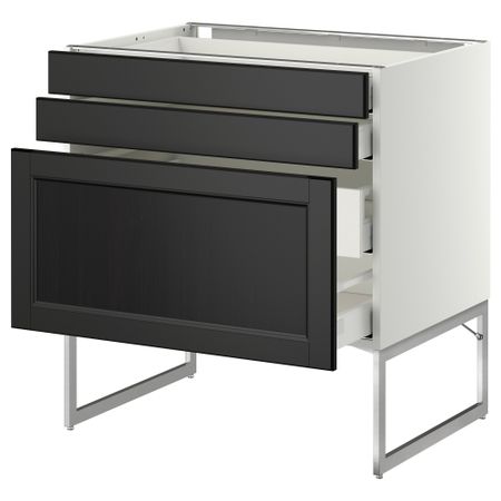 Напольный шкаф 3 фронтальных панели, 2 нижних, 2 средних ящика МЕТОД / МАКСИМЕРА, белый, Лаксарби черно-коричневый