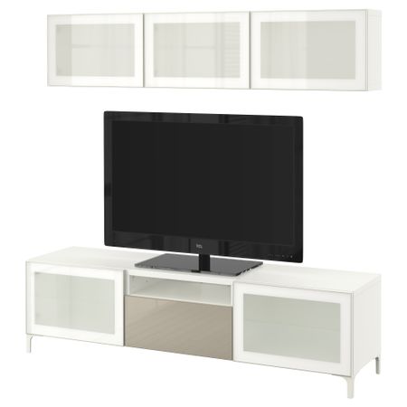 Шкаф для ТВ, комбинированный, стекляные дверцы БЕСТО, белый, Сельсвикен глянцевый/бежевый матовое стекло (180x20/40x166 см)