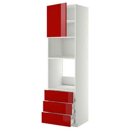 Высокий шкаф для духовки/СВЧ дверца, 3 ящика МЕТОД / МАКСИМЕРА, белый, Рингульт красный