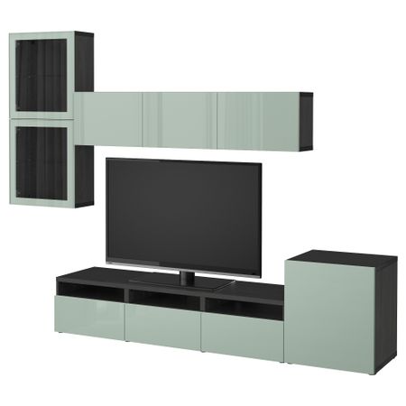 Шкаф для ТВ, комбинированный, стекляные дверцы БЕСТО, черно-коричневый Сельсвикен, глянцевый/серо-зеленый светлый прозрачное