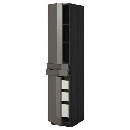 Высокий шкаф + полки, 5 ящиков, 2 дверцы, 2 фронтальных МЕТОД / МАКСИМЕРА, черный, Рингульт серый