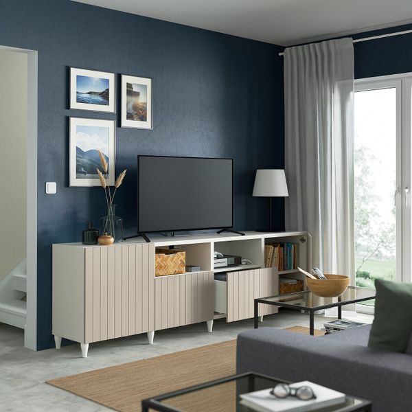 Тумба под ТВ, с дверцами и ящиками, белый/СУТТЕРВ/КАББАРП серо-бежевый 240x42x74 см IKEA BESTÅ БЕСТО 894.013.39 - фото 2