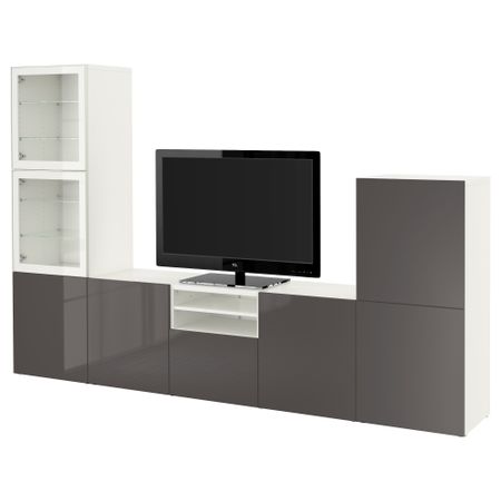 Шкаф для ТВ, комбинированный, стекляные дверцы БЕСТО, белый, Сельсвикен глянцевый/серый прозрачное стекло (300x40x192 см)