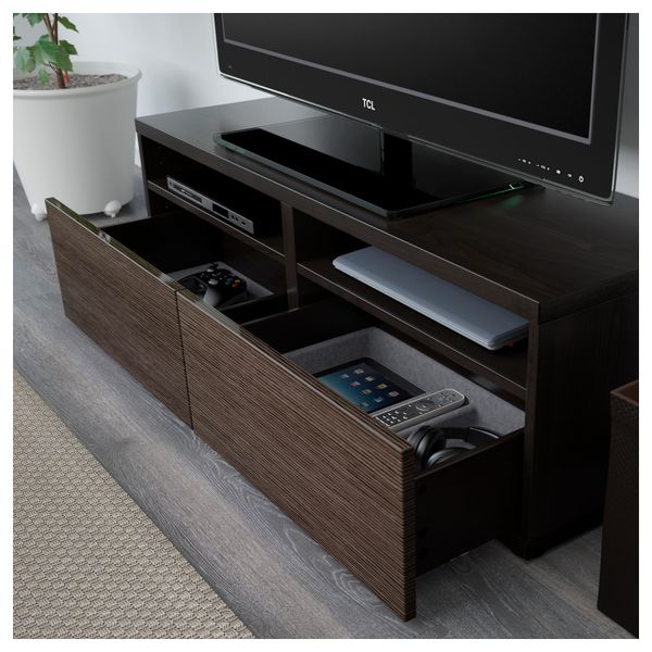 Шкаф для ТВ, комбинированный, стекляные дверцы БЕСТО, черно-коричневый, Сельсвикен глянцевый/коричневый дымчат стекло - фото 3