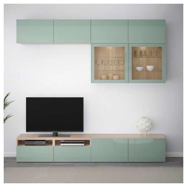 Шкаф для ТВ, комбинированный, стекляные дверцы БЕСТО, под беленый дуб Сельсвикен, глянцевый/серо-зеленый светлый прозрачное - фото 2