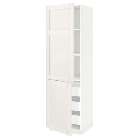 Высокий шкаф + полки, 3 ящика, 2 дверцы МЕТОД / МАКСИМЕРА, белый, Сэведаль белый