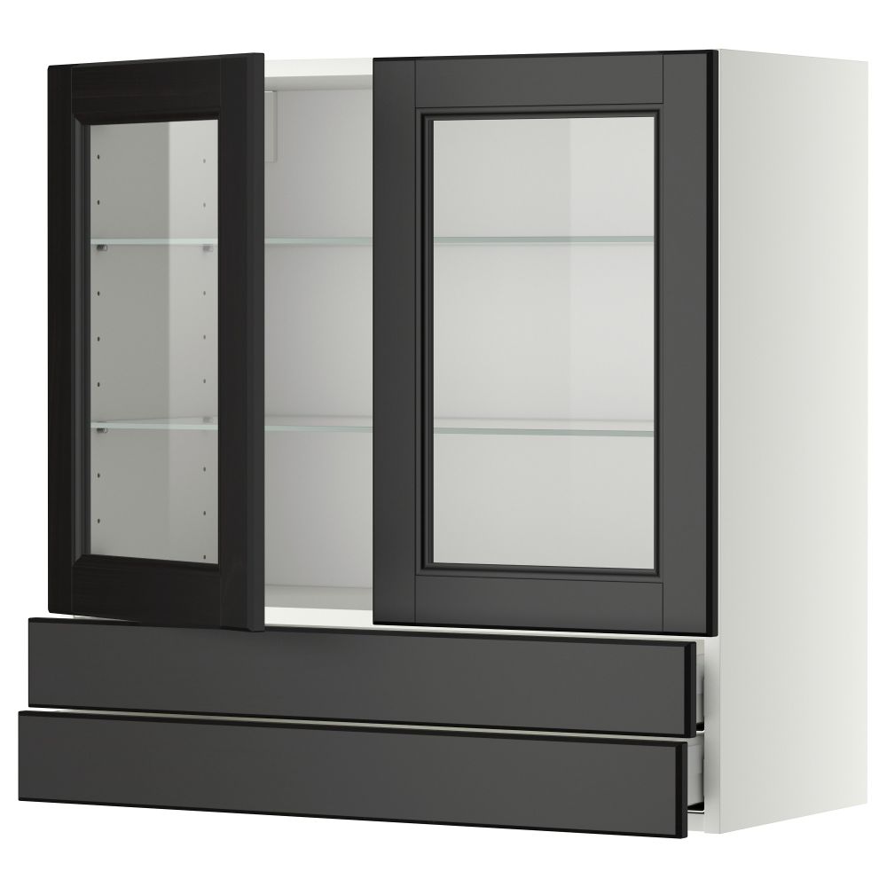 Навесной шкаф, 2 стеклянные дверцы, 2 ящика МЕТОД / МАКСИМЕРА, белый, Лаксарби черно-коричневый - фото 1