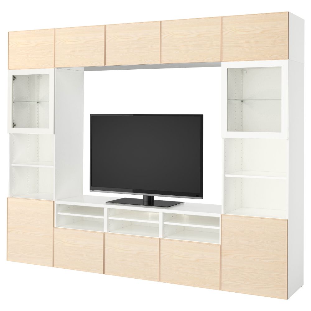 Шкаф для ТВ, комбинированный, стекляные дверцы БЕСТО, белый, Инвикен ясеневый шпон (300x40x230 см) - фото 1