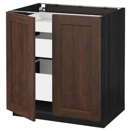 Напольный шкаф с 2 дверцами, 3 ящиками МЕТОД / МАКСИМЕРА, черный, Эдсерум коричневый (80x60 см)