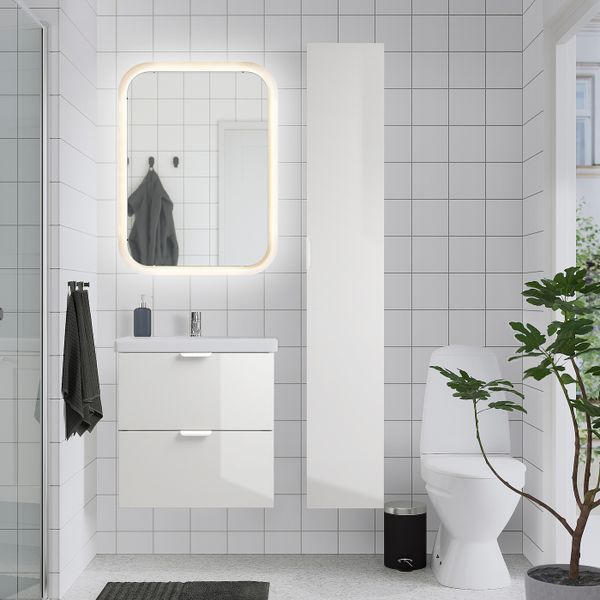 Комплект мебели для ванной,8 предм., глянцевый белый/ПИЛКОН смеситель 64x43x65 см IKEA FISKÅN ФИСКОН / TVÄLLEN ТВЭЛЛЕН - схема-чертеж с размерами