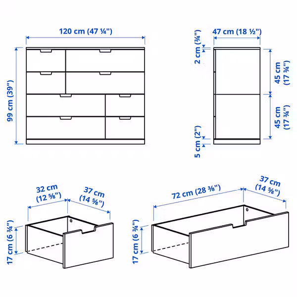NORDLI Комод с 8 ящиками - белый 120x99 см - схема-чертеж с размерами