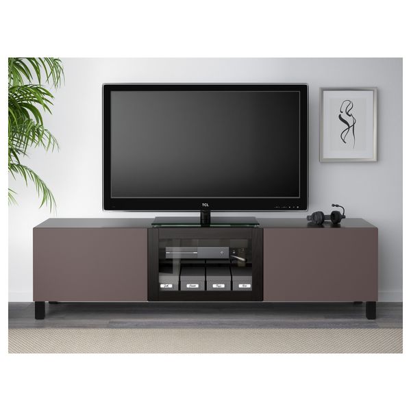 Тумба под ТВ с ящиками и дверцей БЕСТО, черно-коричневый, Вальвикен темно-коричневый, прозрачное стекло (180x40x48 см) - схема-чертеж с размерами